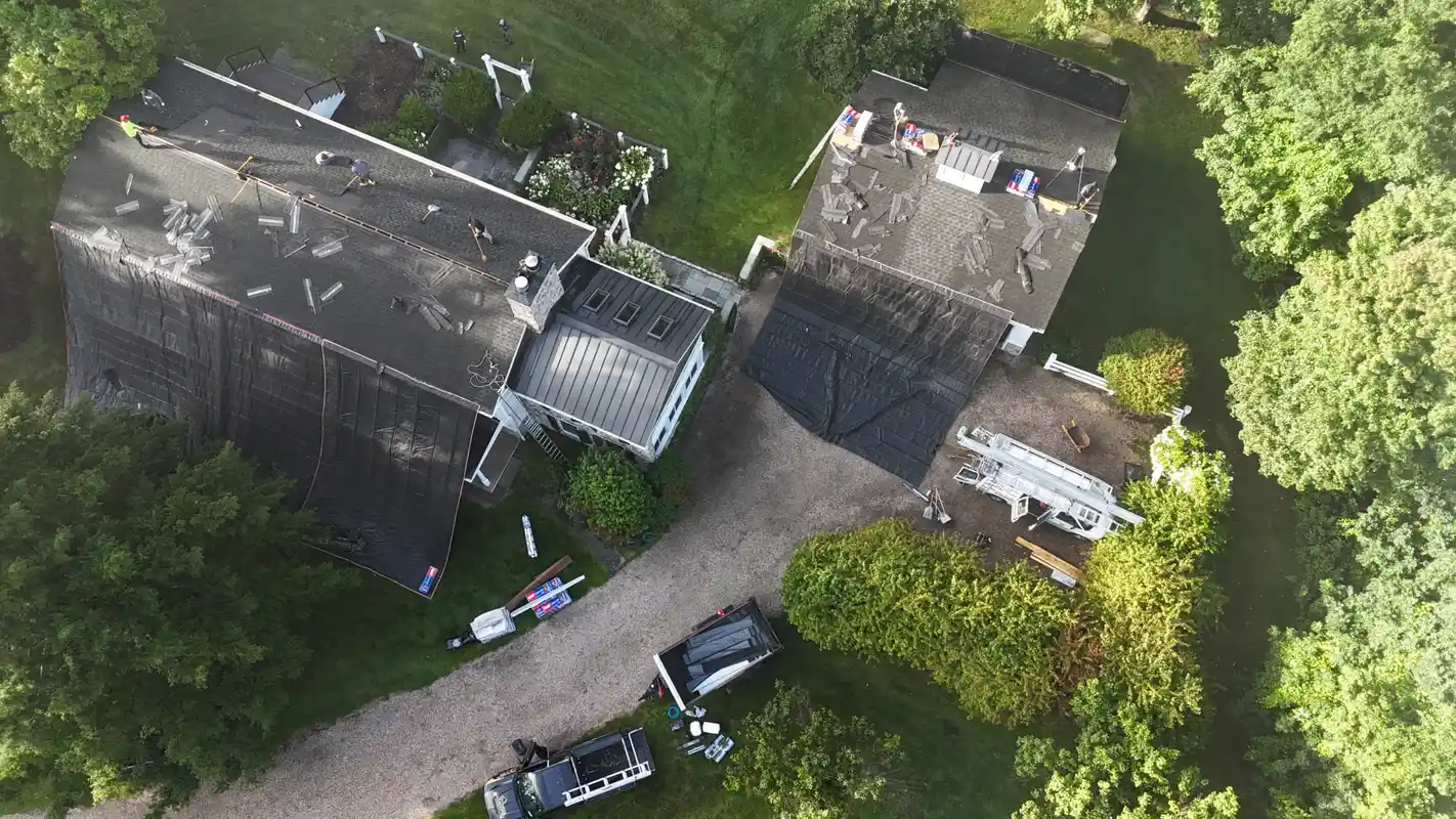 Aerial View of a Residential Roof Tear-Off